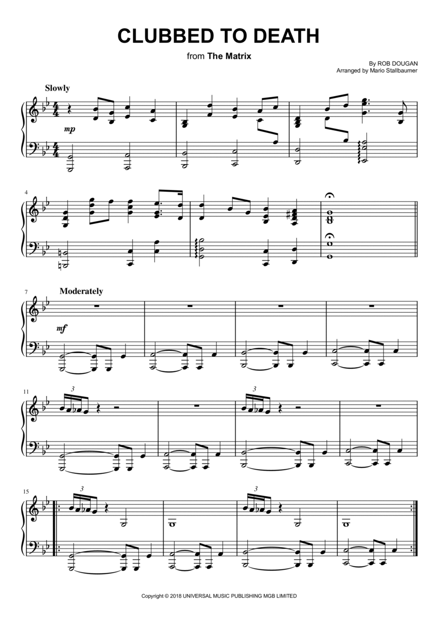 Clubbed To Death Piano Solo scores gallery preview page 1