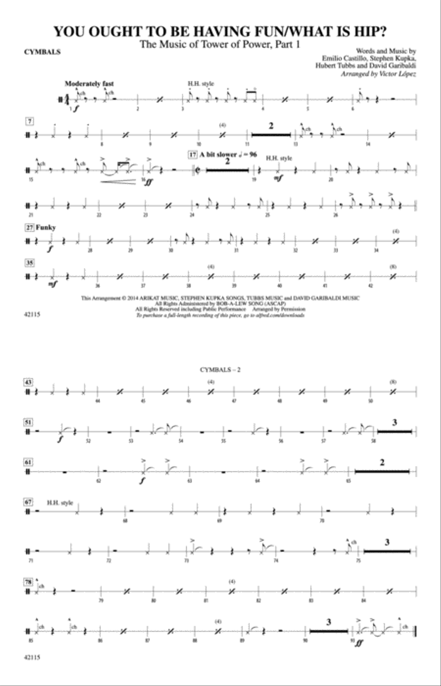 You Ought to Be Having Fun / What Is Hip?: Cymbals Marching Band scores gallery preview page 1