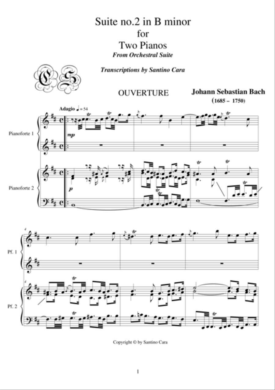 J.S.Bach - Suite no.2 in B minor - Transcription for 2 pianos 4-Part scores gallery preview page 1