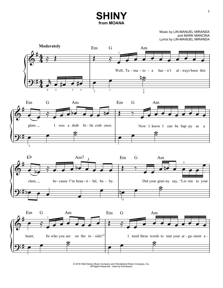 Shiny (from Moana) Easy Piano scores gallery preview page 1