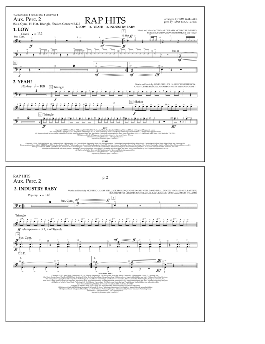 Rap Hits (Low, Yeah!, Industry Baby) - Aux. Perc. 2 Marching Band scores gallery preview page 1