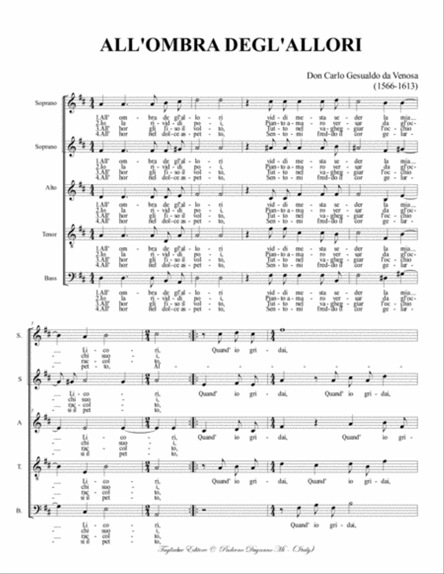 ALL'OMBRA DEGL' ALLORI - Don Carlo Gesualdo da Venosa - Arr. for SSATB Choir - in D major Divisi scores gallery preview page 2