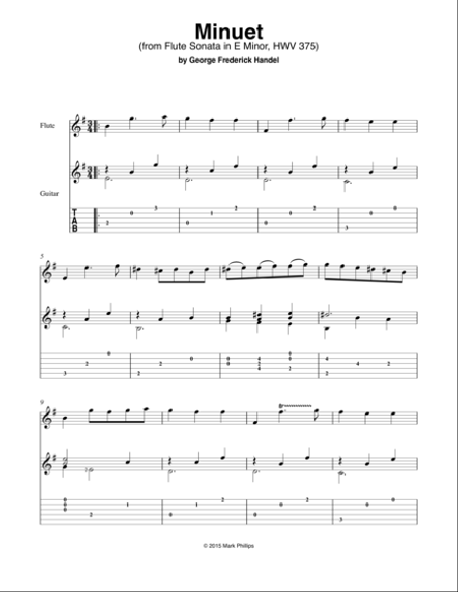“Minuet” from Flute Sonata in E Minor, HWV 375 Flute scores gallery preview page 1