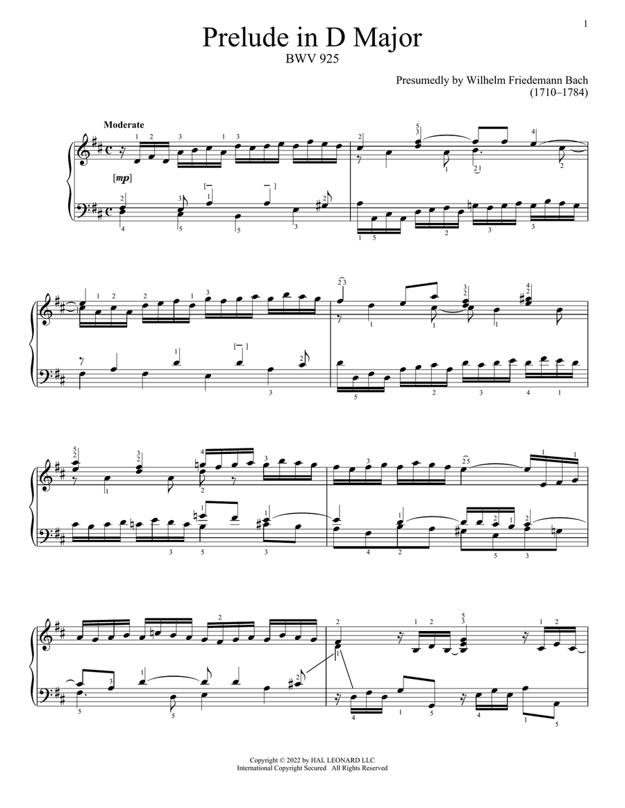 Prelude In D Major, BWV 925 Piano Solo scores gallery preview page 1