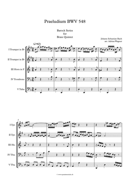 "Praeludium BWV 548" (Johann Sebastian Bach) Brass Quintet arr. Adrian Wagner image number null