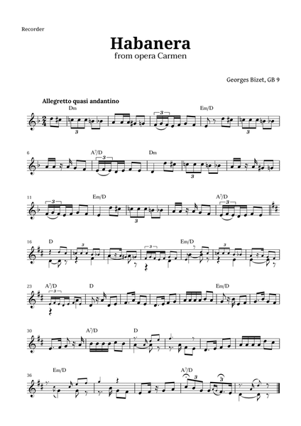 Habanera from Carmen by Bizet for Recorder with Chords image number null