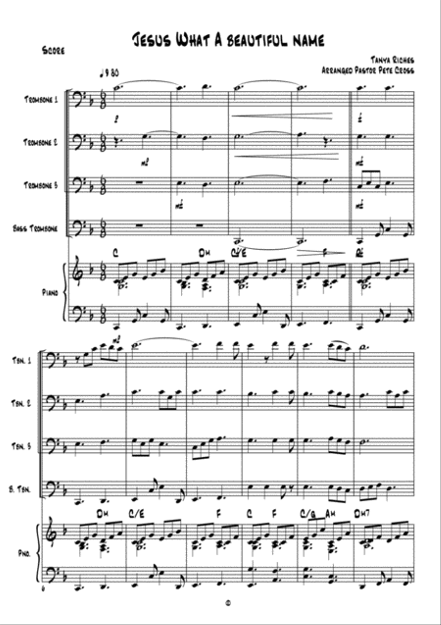 Trombone Praise (Jesus what a beautiful name) Brass Ensemble scores gallery preview page 1