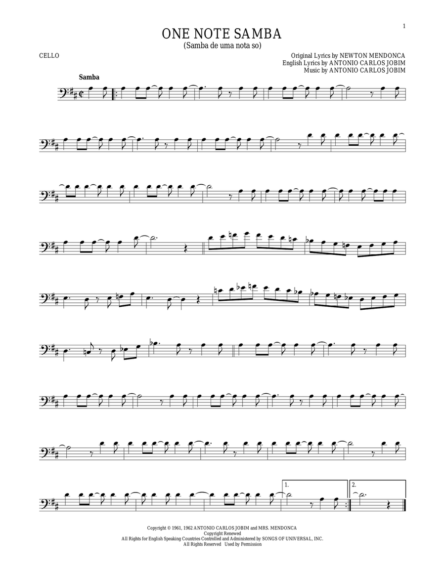 One Note Samba (Samba De Uma Nota So) Cello Solo scores gallery preview page 1