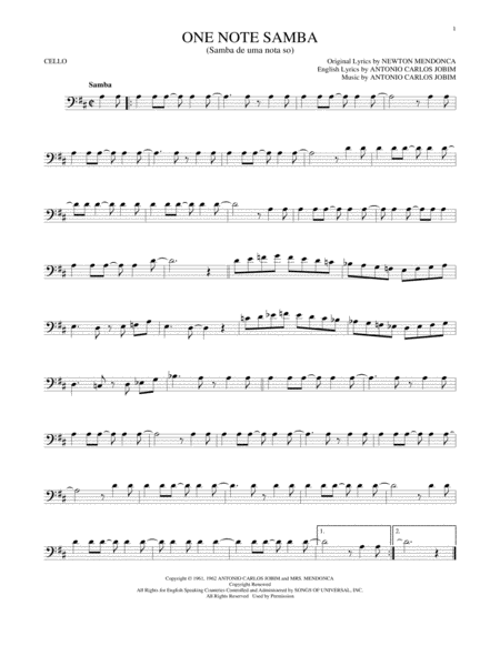 One Note Samba (Samba De Uma Nota So) by Antonio Carlos Jobim Cello Solo - Digital Sheet Music