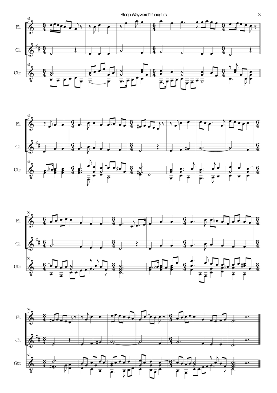 Sleep wayward thoughts for flute, clarinet and guitar Clarinet scores gallery preview page 3