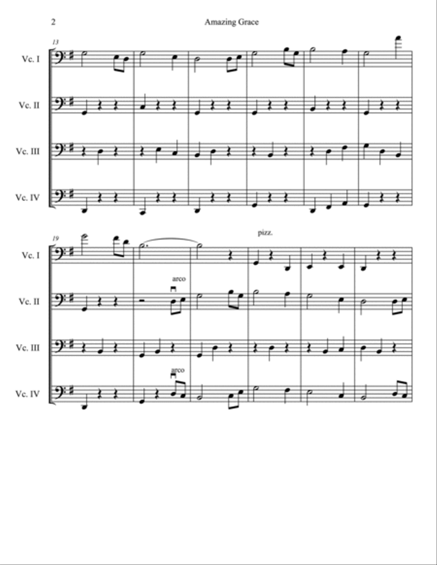 Amazing Grace for Cello Quartet Cello scores gallery preview page 2