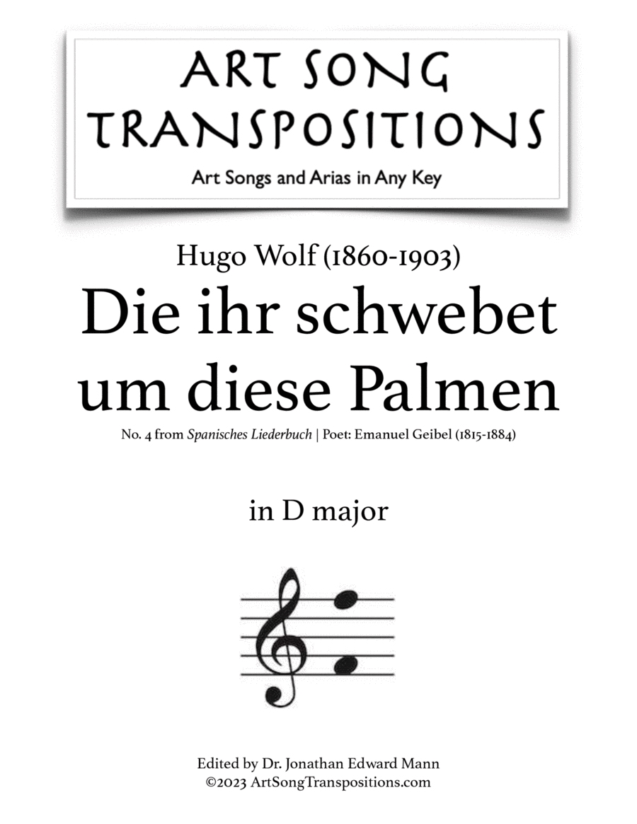 WOLF: Die ihr schwebet um diese Palmen (transposed to D major) Voice scores gallery preview page 1