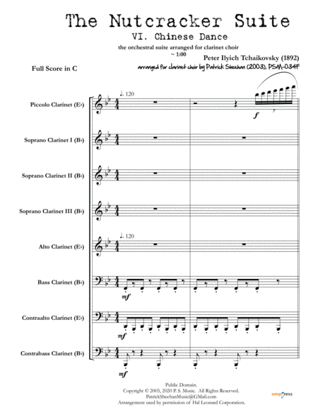 Nutcracker Suite, Mvt. VI "Chinese Dance" for clarinet choir (full score & set of parts) image number null