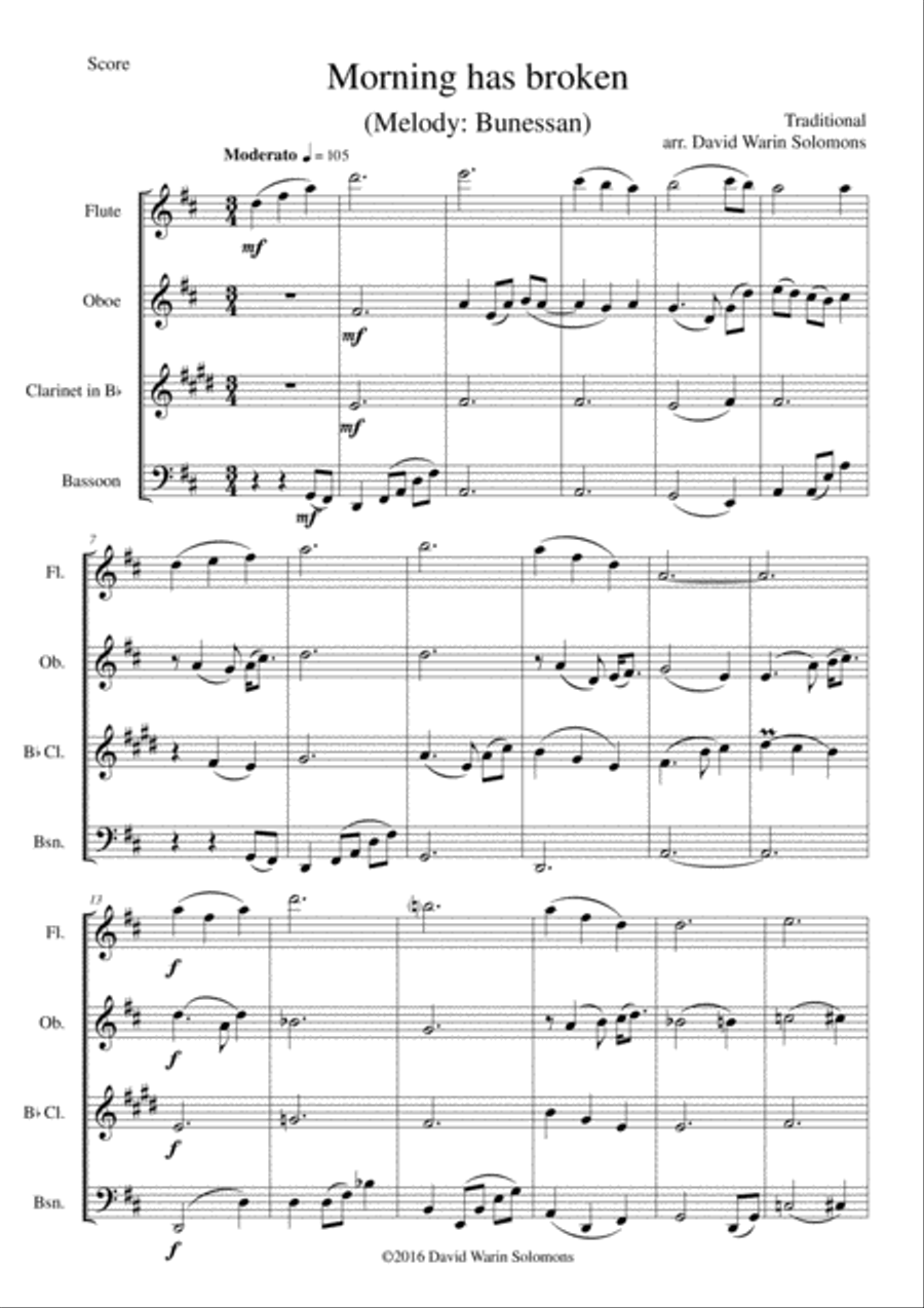Variations on Morning has broken (Bunessan) for wind quartet Woodwind Quartet scores gallery preview page 1