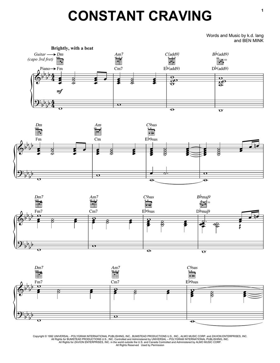 Constant Craving Piano, Vocal, Guitar scores gallery preview page 1