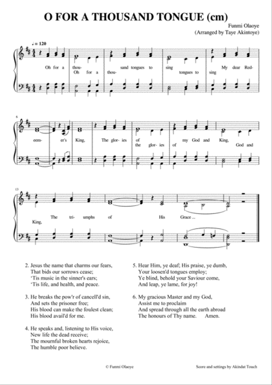 O for a thousand tongues O for a thousand tongues Easy Piano scores gallery preview page 1