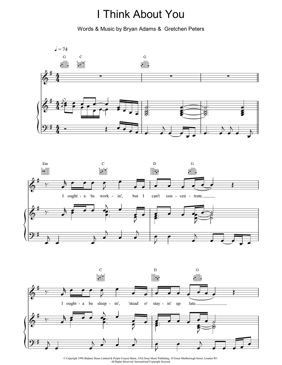 I Think About You Piano, Vocal, Guitar scores gallery preview page 1