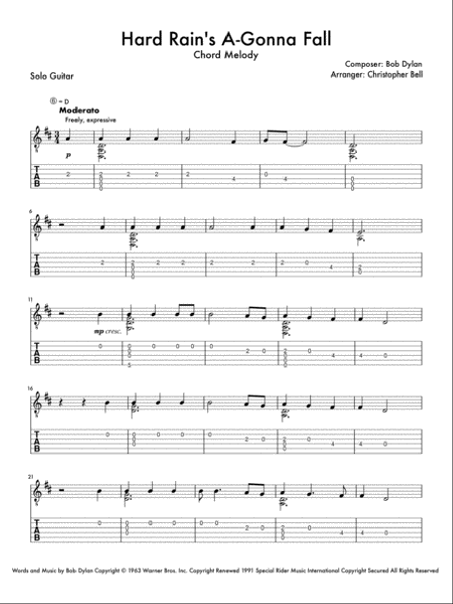 Hard Rain's Gonna Fall Guitar Tablature scores gallery preview page 1