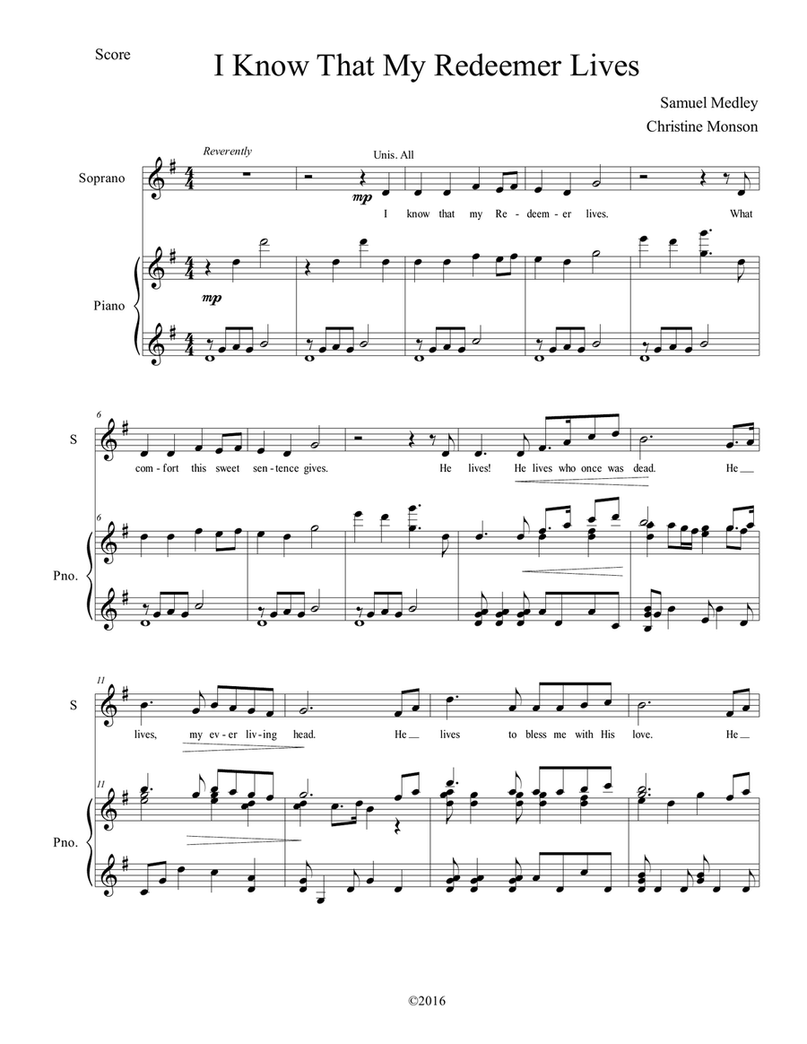 I Know That My Redeemer Lives -- SA/treble duet SA scores gallery preview page 1