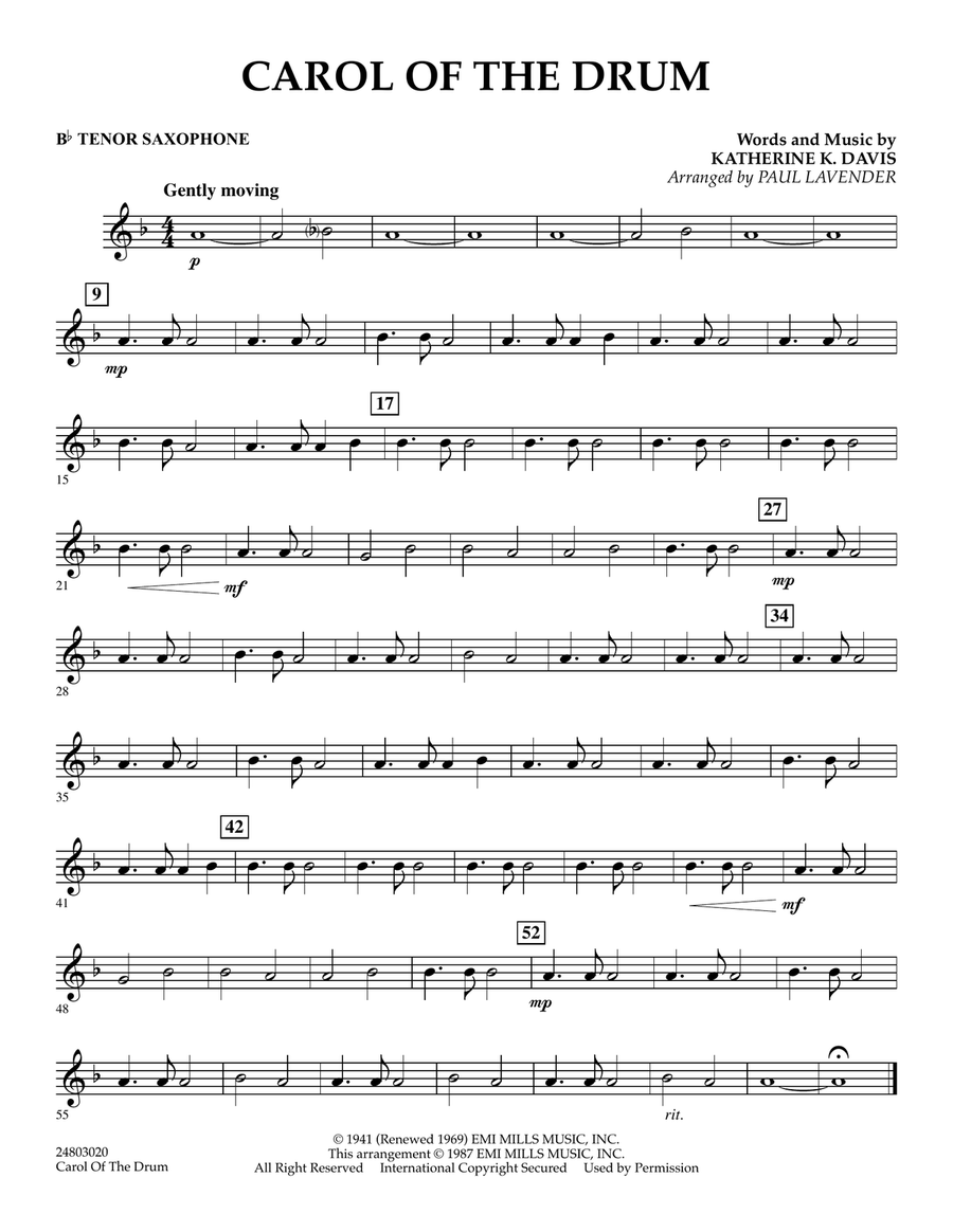 Carol of the Drum - Bb Tenor Saxophone Concert Band scores gallery preview page 1