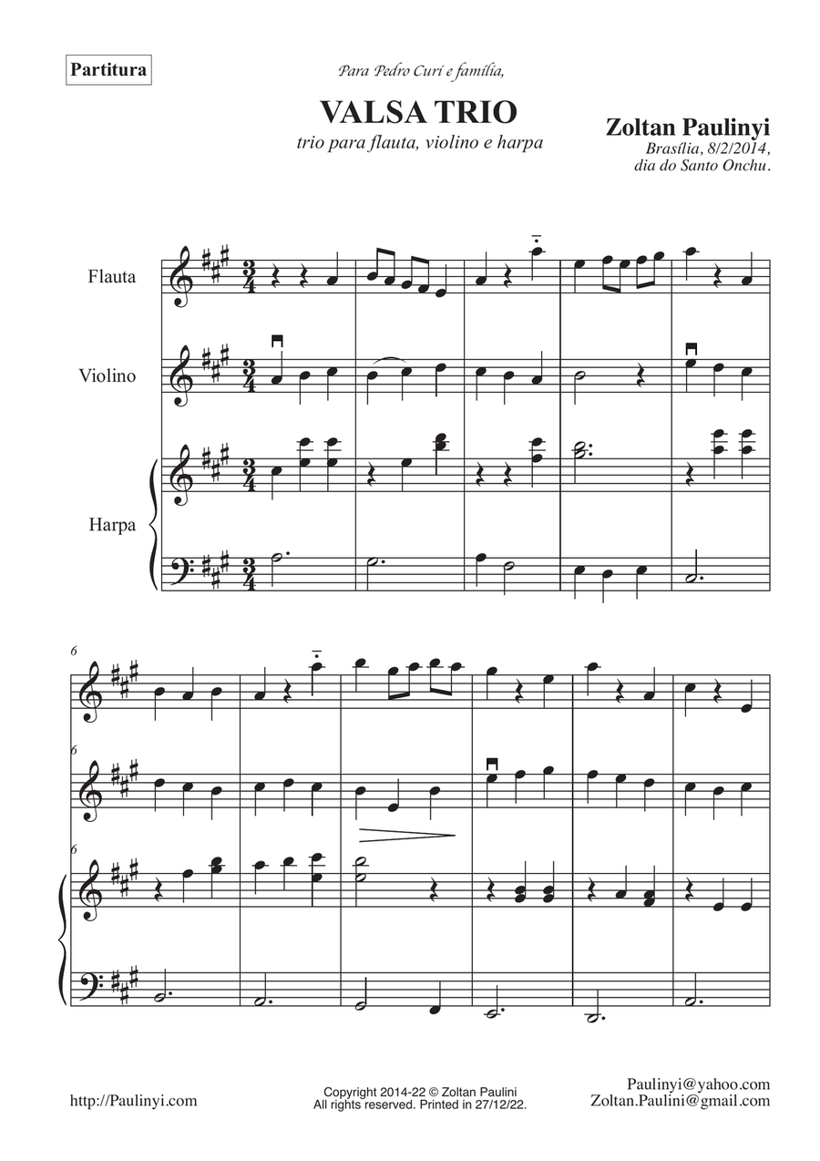 Valse trio (easy), for flute, violin, harp (or piano). For beginners. 2 pages. - Score Only Piano Trio scores gallery preview page 1