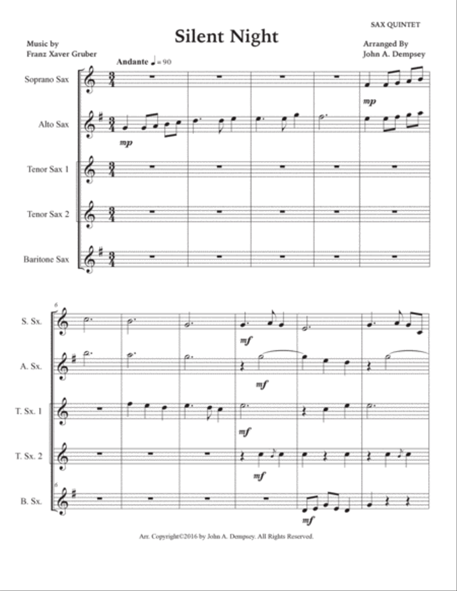 Silent Night (Sax Quintet: SATTB) Saxophone Quintet scores gallery preview page 5