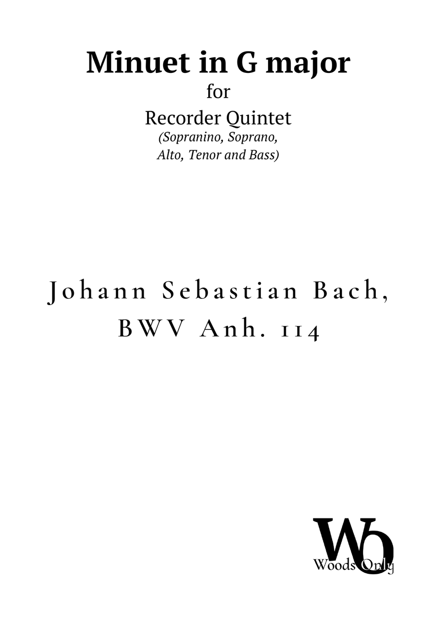 Minuet in G major by Bach for Recorder Choir Quintet Woodwind Quintet scores gallery preview page 1