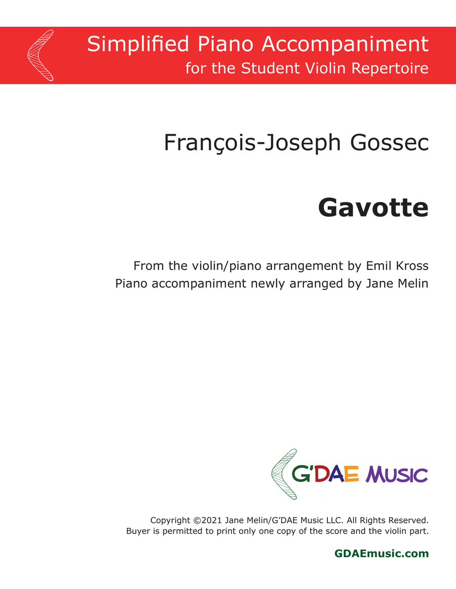 Gossec - Gavotte for Violin and Piano - Simplified Piano Accompaniment Violin Solo scores gallery preview page 1