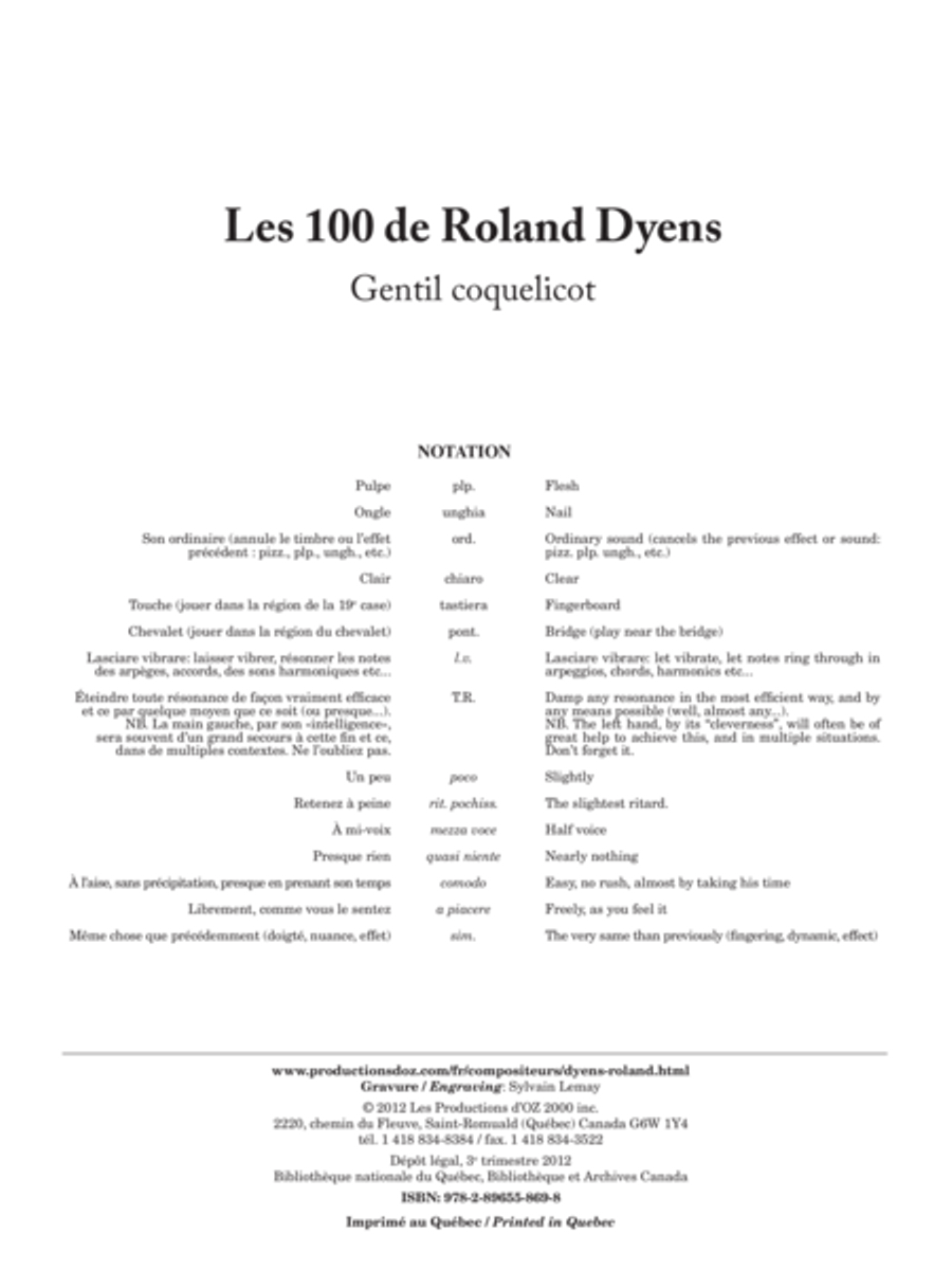 Les 100 de Roland Dyens - Gentil coquelicot Classical Guitar scores gallery preview page 1