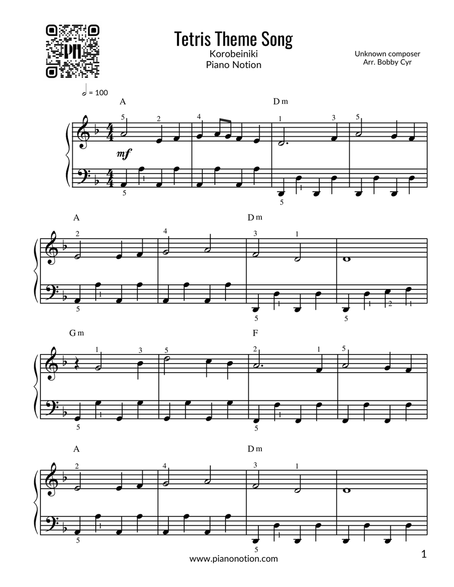 Tetris Theme Song - Korobeiniki (Piano Solo) Easy Piano scores gallery preview page 1