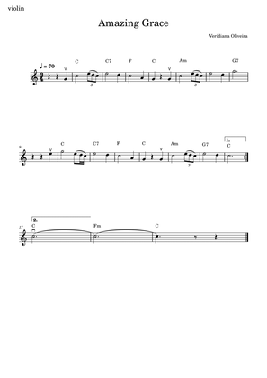Amazing Grace (for violin, with piano or guitar accompaniment, and with chord figures)