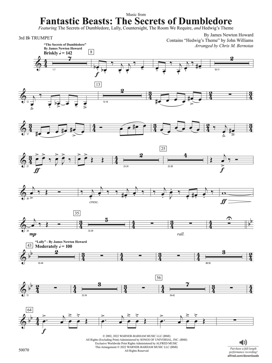 Fantastic Beasts: The Secrets of Dumbledore: 3rd B-flat Trumpet Concert Band scores gallery preview page 1