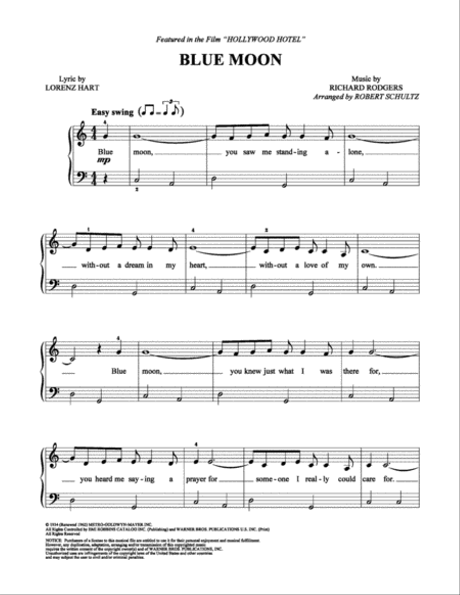 Blue Moon Blue Moon Easy Piano scores gallery preview page 1