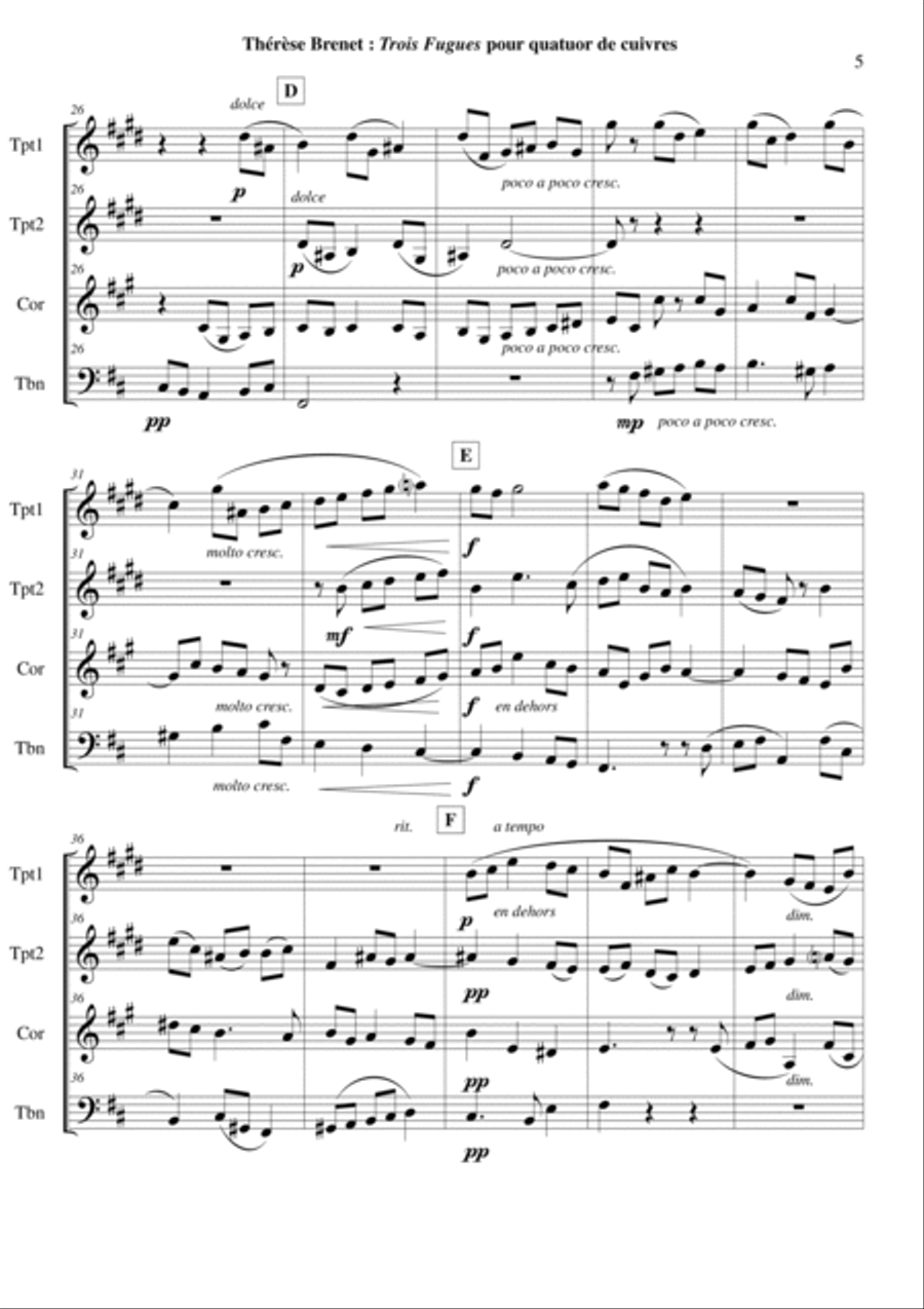 Thérèse Brenet : Three Fugues for two Bb trumpets, horn and trombone (tuba) Brass Ensemble scores gallery preview page 5