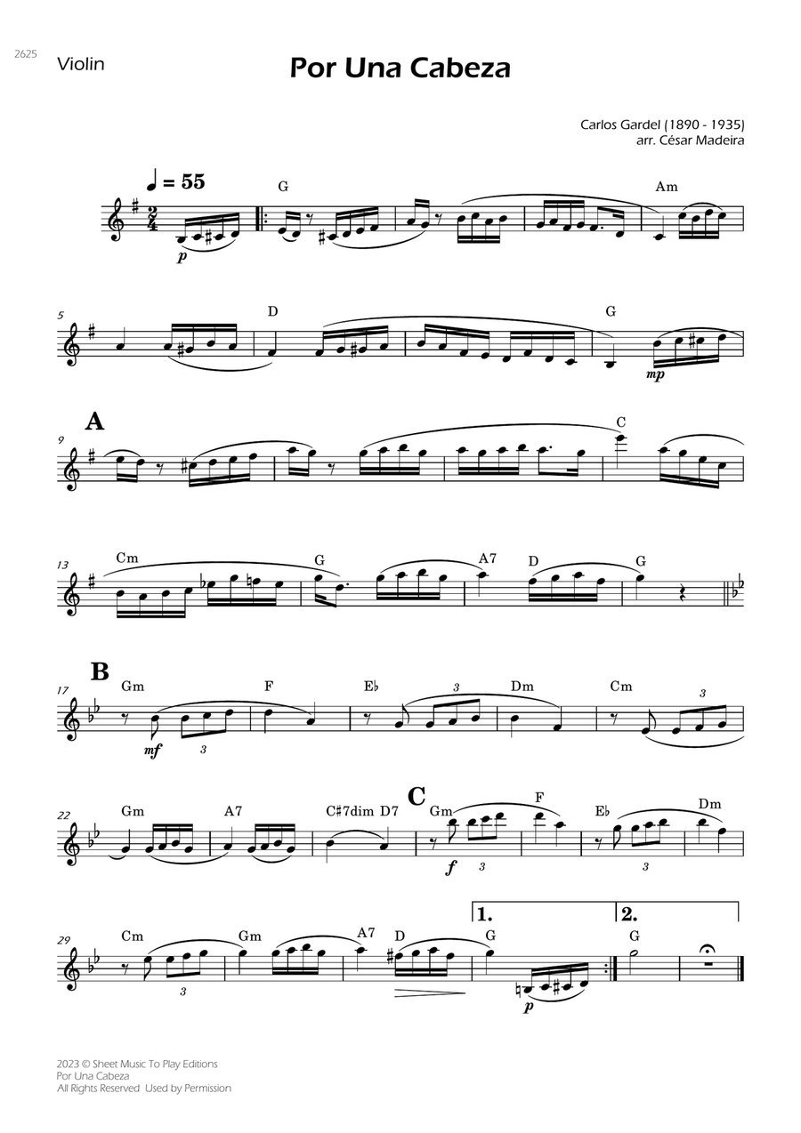 Por Una Cabeza - Violin Solo - W/Chords Violin Solo scores gallery preview page 1