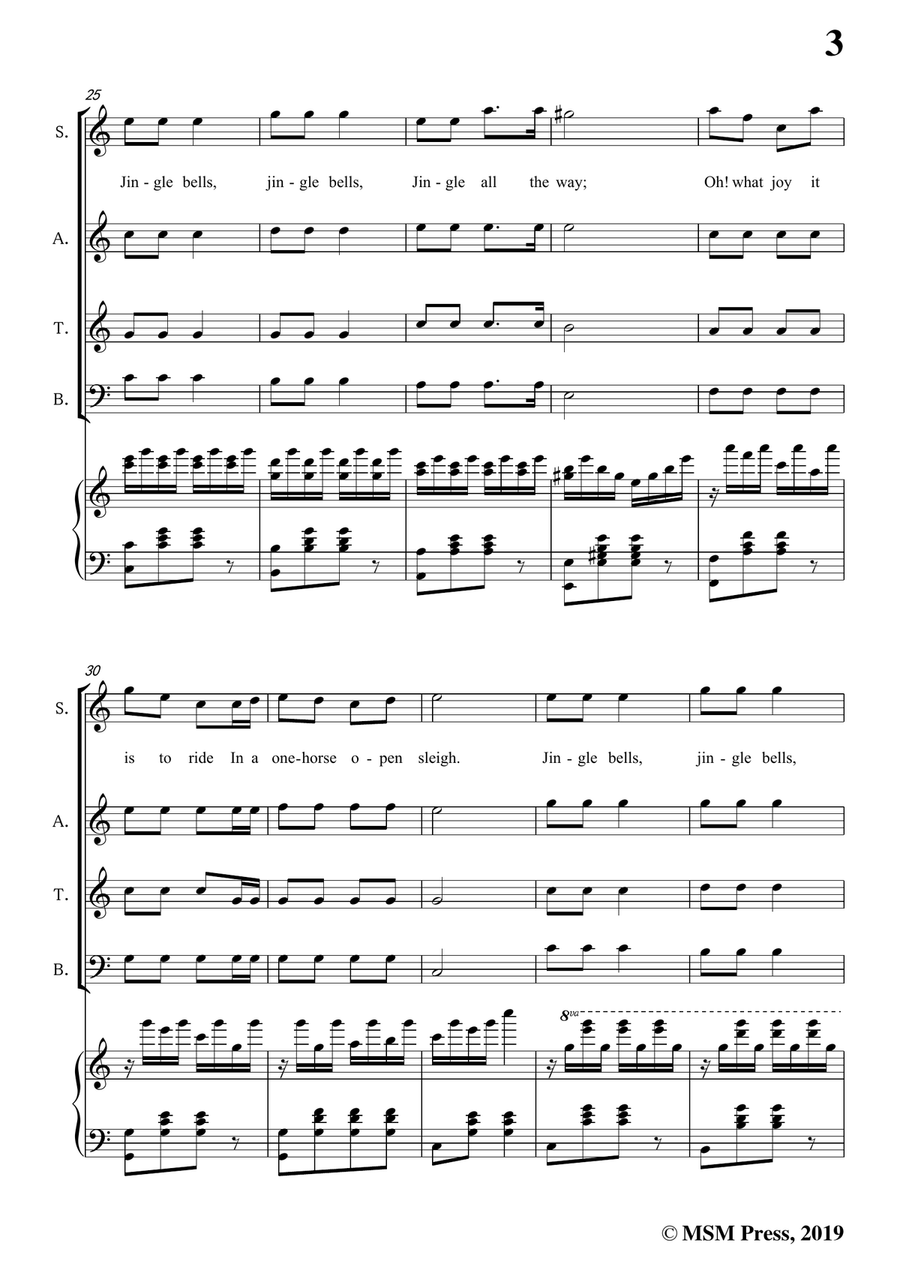 Pierpont-Jingle Bells(The One Horse Open Sleigh),in C Major,for Quatre Chorales 4-Part scores gallery preview page 5