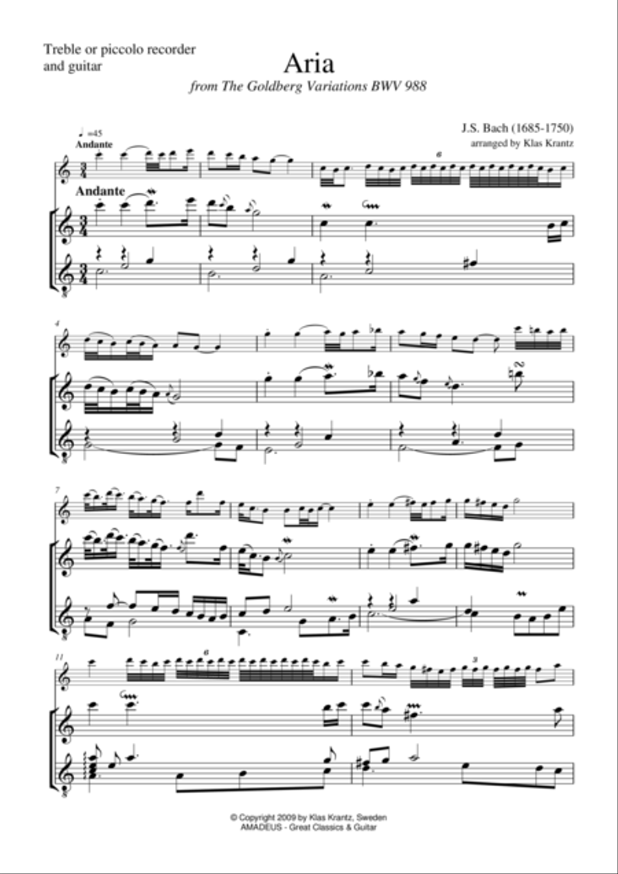 Aria (Goldberg var.) BWV 988, ornamented, for treble recorder and guitar Small Ensemble scores gallery preview page 1