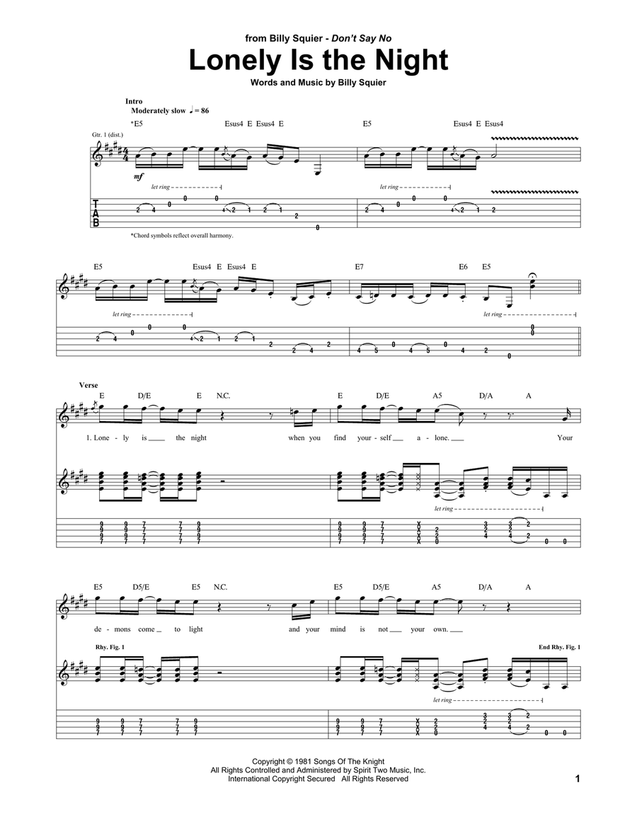 Lonely Is The Night Guitar Tablature scores gallery preview page 1