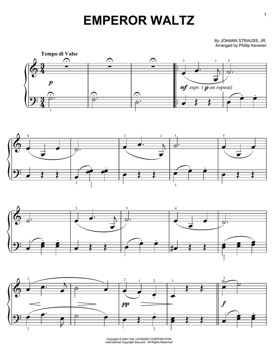 Emperor Waltz (arr. Phillip Keveren) Easy Piano scores gallery preview page 1