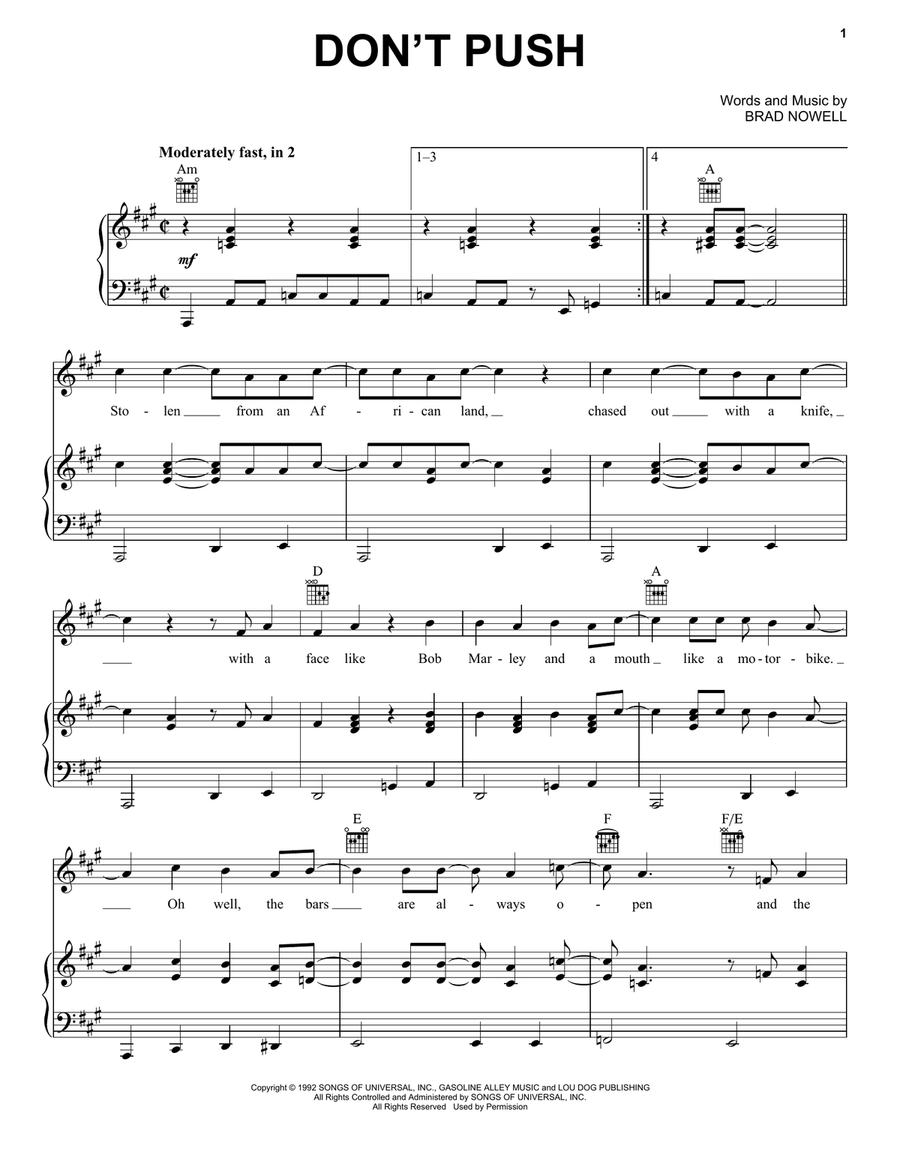 Don't Push Piano, Vocal, Guitar scores gallery preview page 1