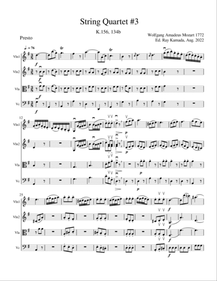 Mozart String Quartet #3 in G Major, K.156, 134b String Quartet scores gallery preview page 2