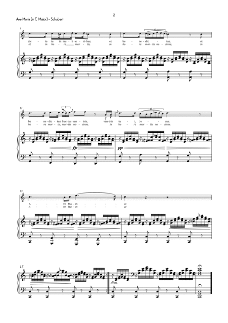 Schubert - Ave Maria in C Major for High Voice & Piano - Intermediate High Voice scores gallery preview page 3