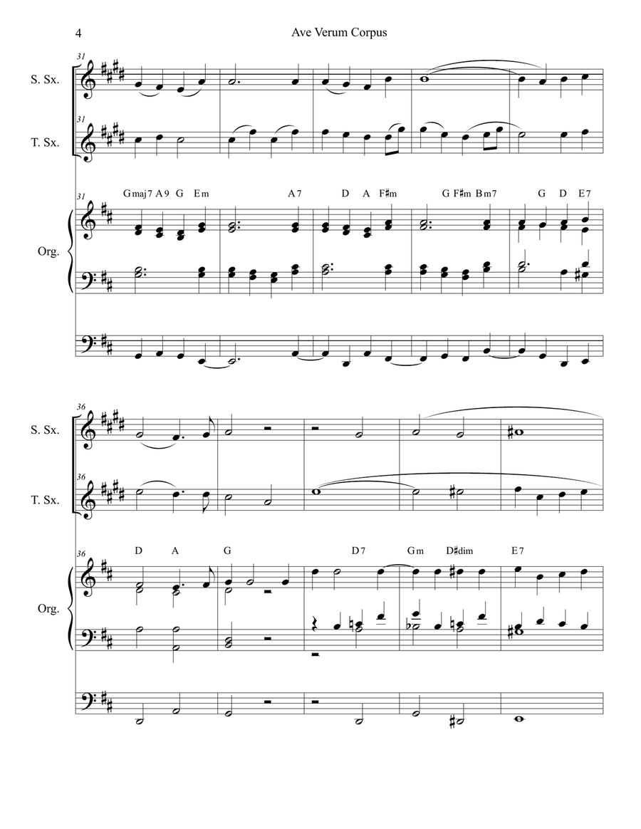 Ave Verum Corpus (Duet for Soprano and Tenor Saxophone - Organ Accompaniment) Woodwind Duet scores gallery preview page 4