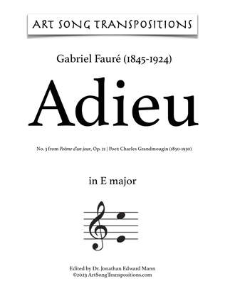 Book cover for FAURÉ: Adieu, Op. 21 no. 3 (transposed to E major, E-flat major, and D major)