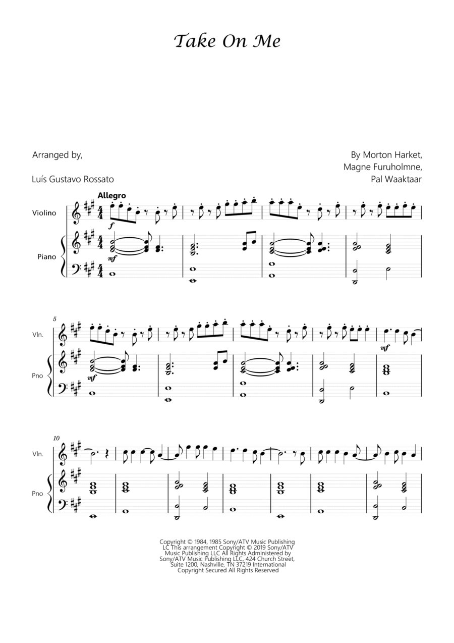 Take On Me Violin Solo scores gallery preview page 1
