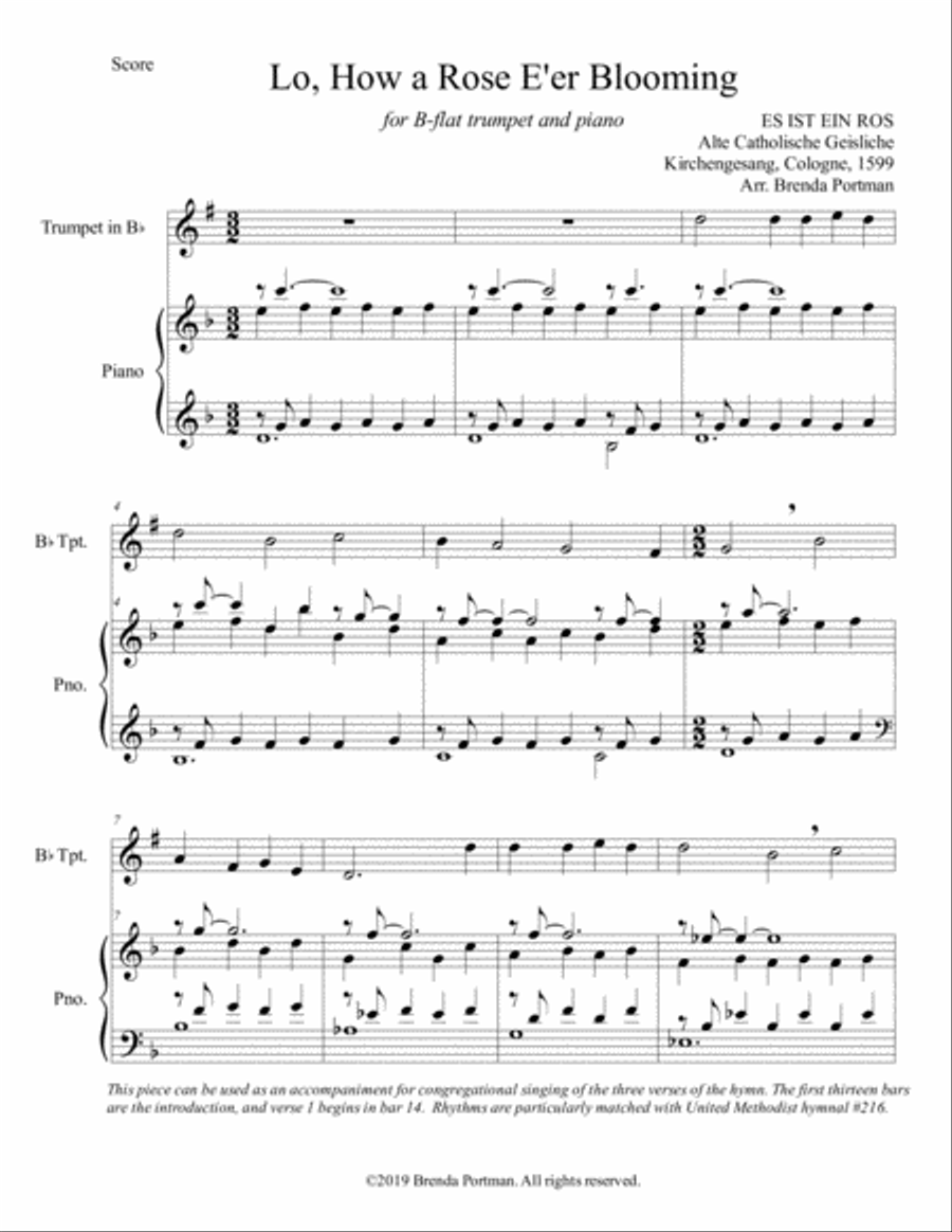 Lo, How a Rose E'er Blooming (trumpet/piano), arr. Brenda Portman Trumpet Solo scores gallery preview page 1
