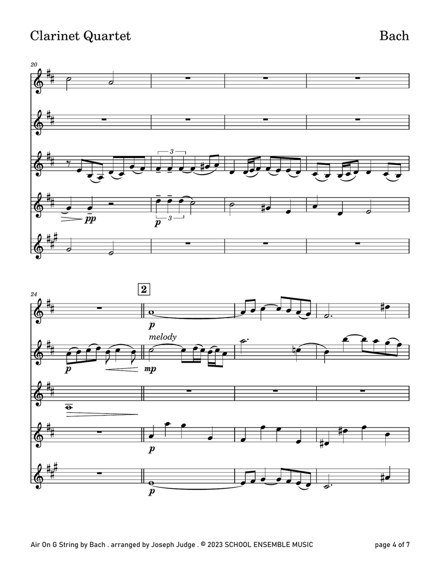 Air On G String by Bach for Clarinet Quartet in Schools Woodwind Ensemble scores gallery preview page 4