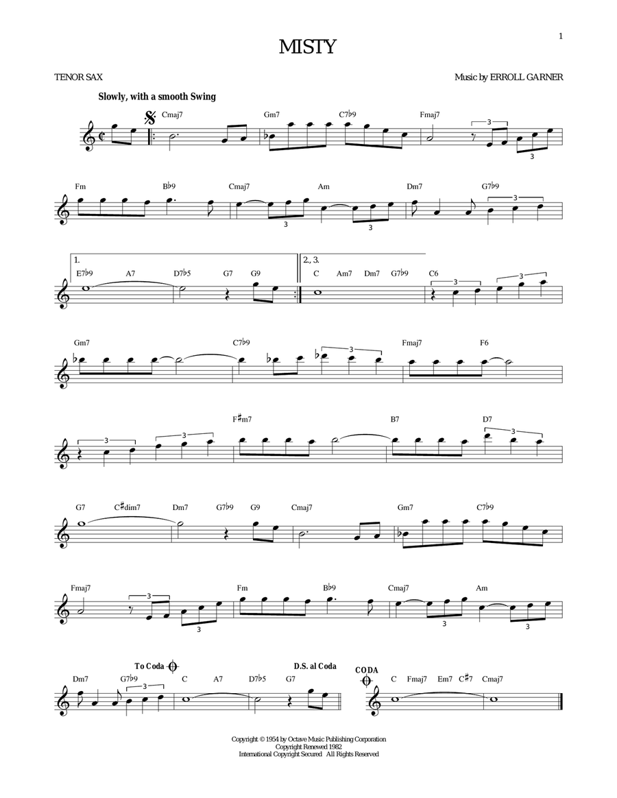 Misty Tenor Saxophone scores gallery preview page 1
