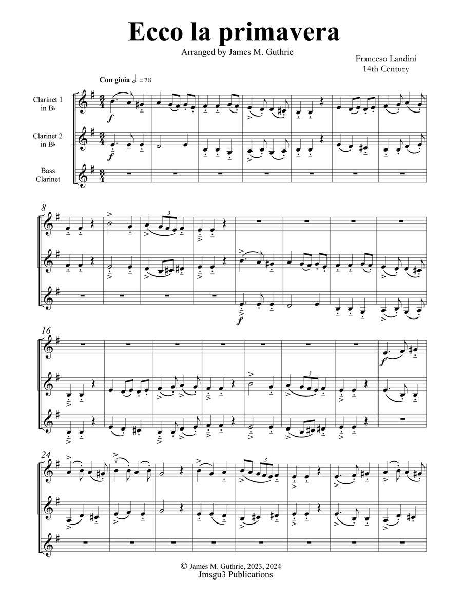 Landini: Ecco la Primavera for Clarinet Trio Clarinet Trio scores gallery preview page 1