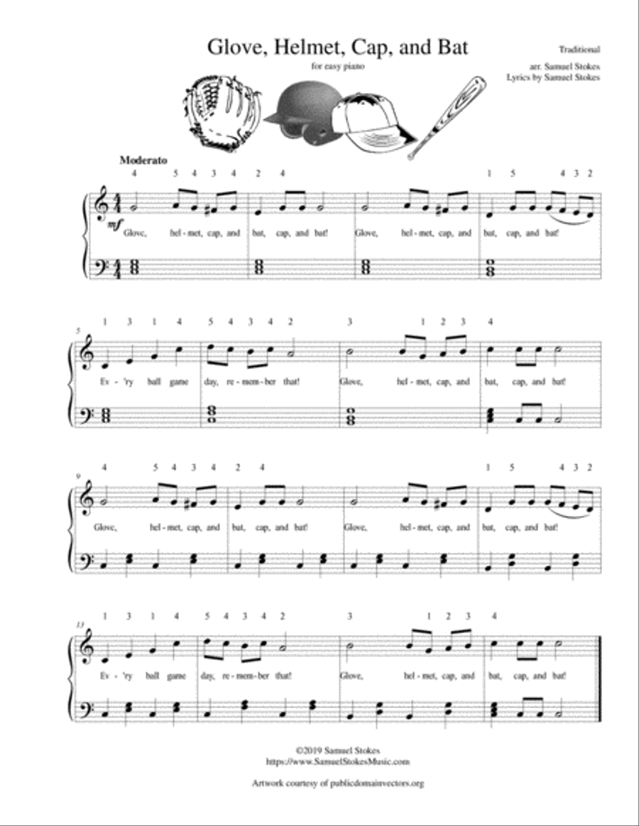 Glove, Helmet, Cap, and Bat (baseball, softball, or t-ball song!) - for easy piano (optional voice) Voice scores gallery preview page 1